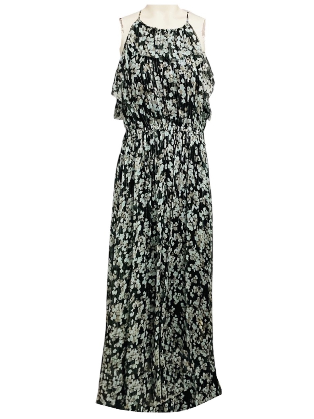 JASON WU BLACK / BLUE / GREEN / SILVER METALLIC PRINTED LUREX DETAIL SILK MAXI D